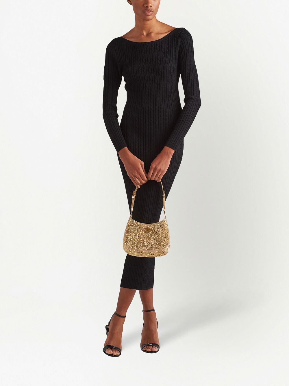 Shop Prada Ribbed-knit Midi Dress In Black