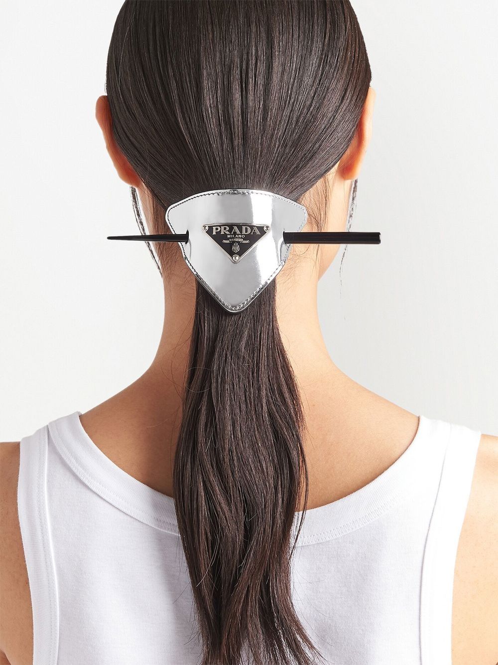 Shop Prada Triangle-logo Leather Hair Clasp In Silver