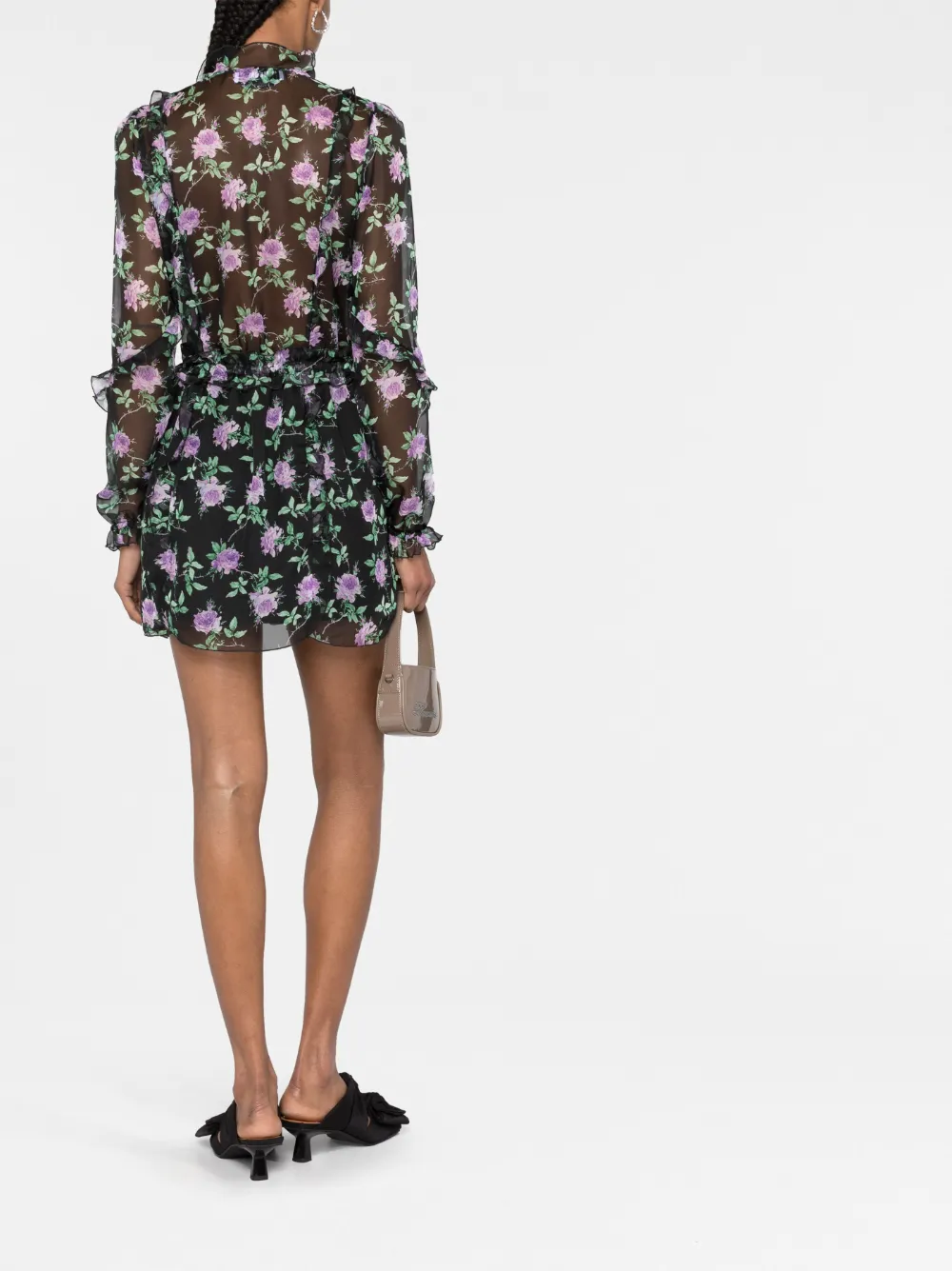 Shop Msgm Poly Rose-print Chiffon Minidress In Black