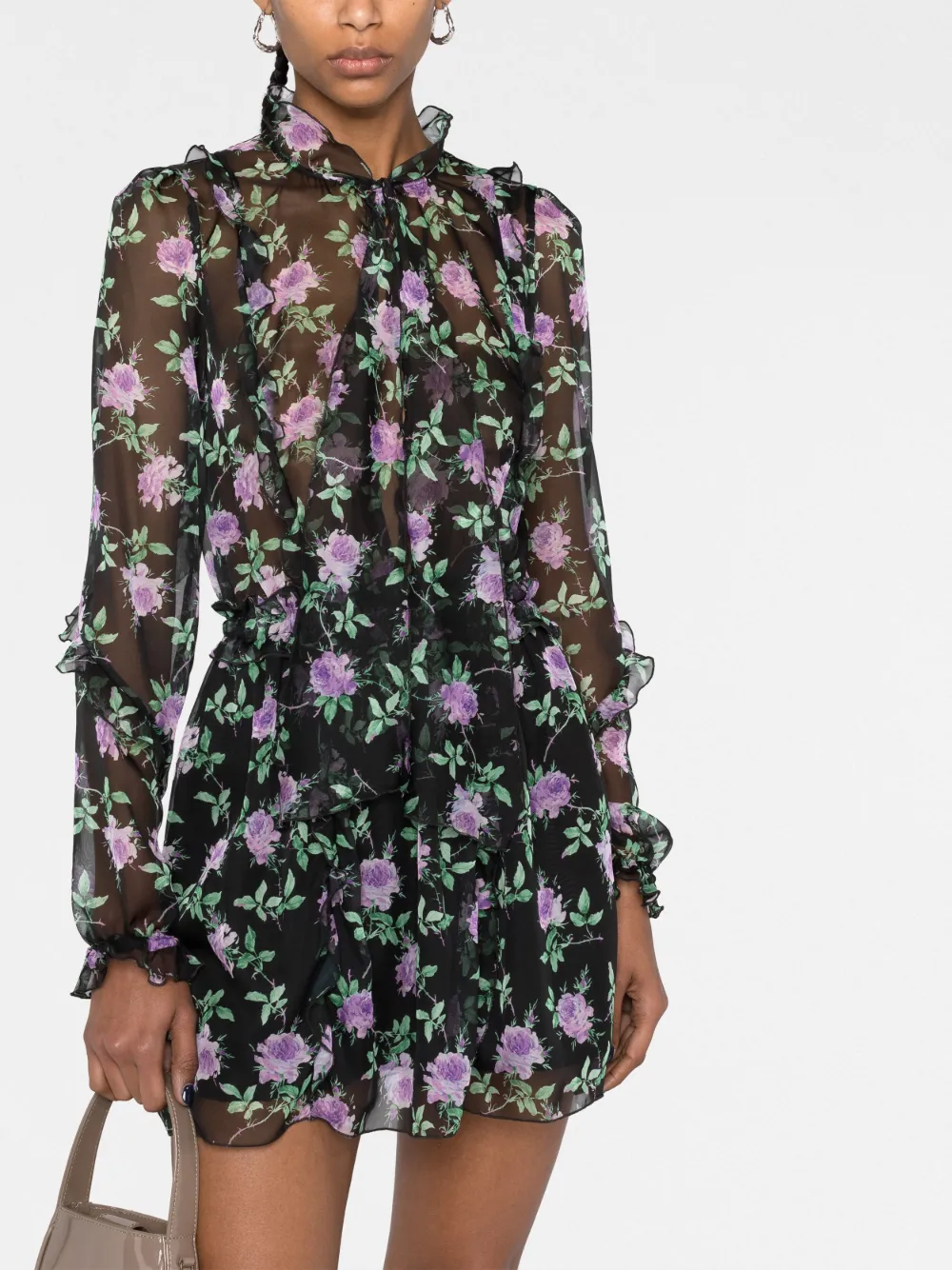 Shop Msgm Poly Rose-print Chiffon Minidress In Black