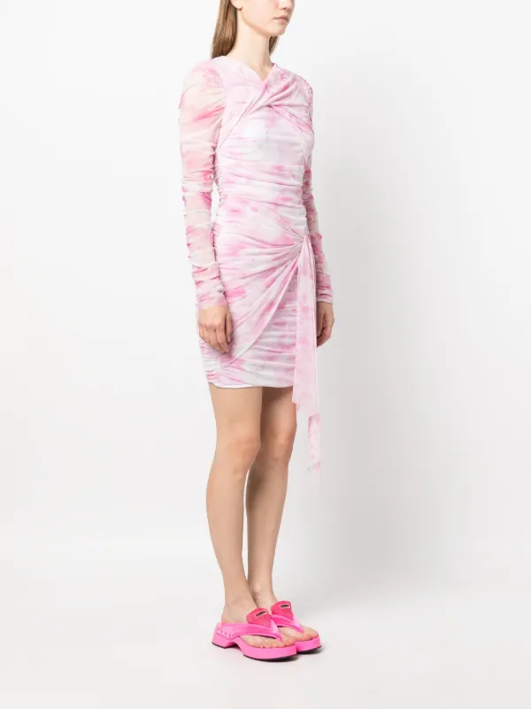 pink tie dye ruched dress True Colors Tie-Dye Mesh Ruched Corset Maxi Dress Pink & Blue & Green / S
