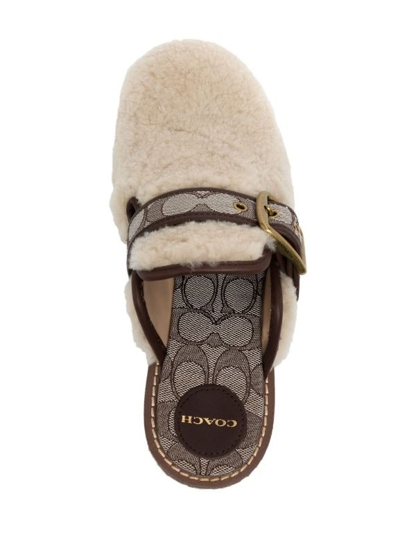 Designer Wooden Mules: Womens Fur Canvas Slides With Shearling