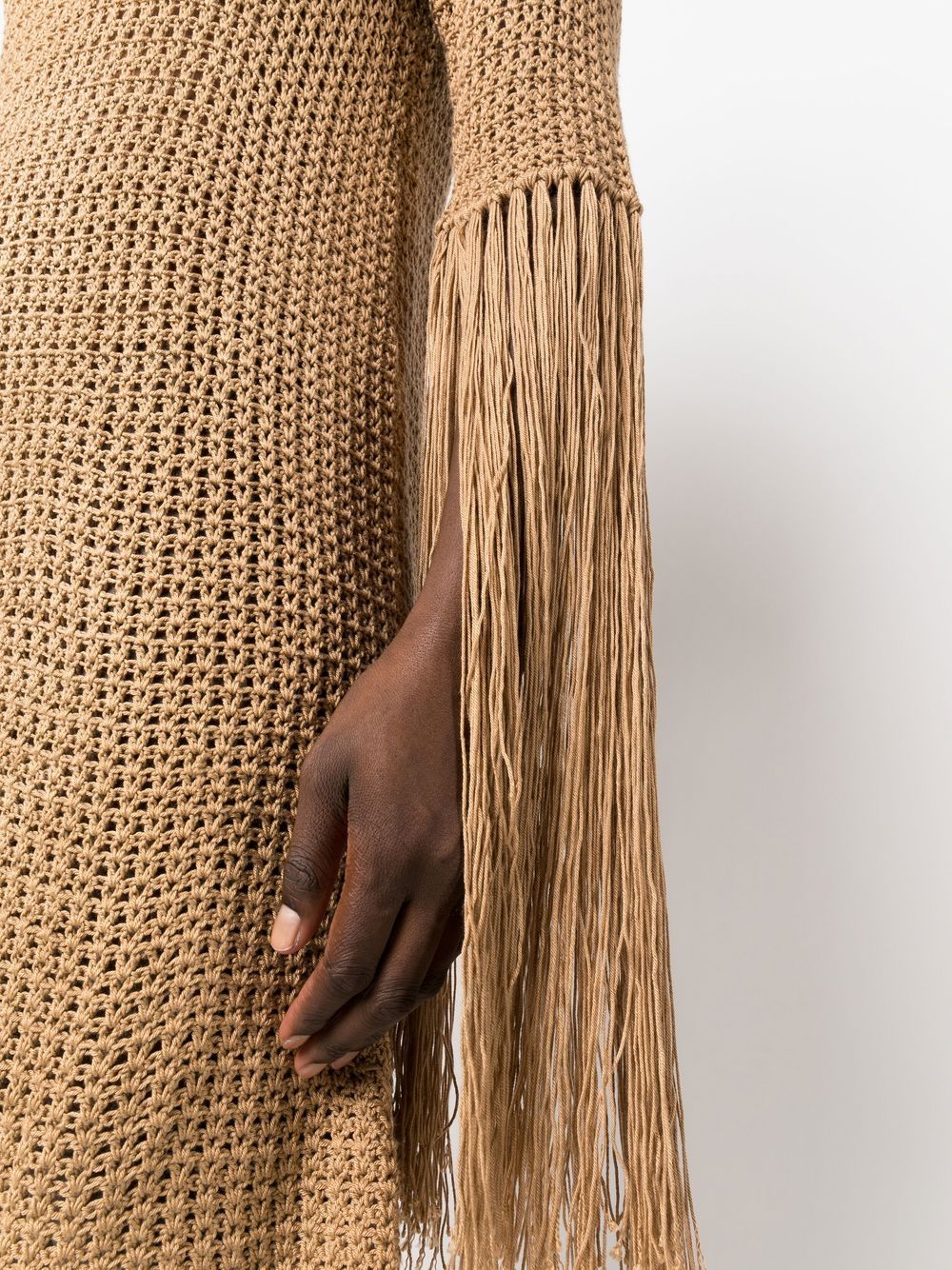 Shop Liya Open-knit Fringe-detail Mini Dress In Brown