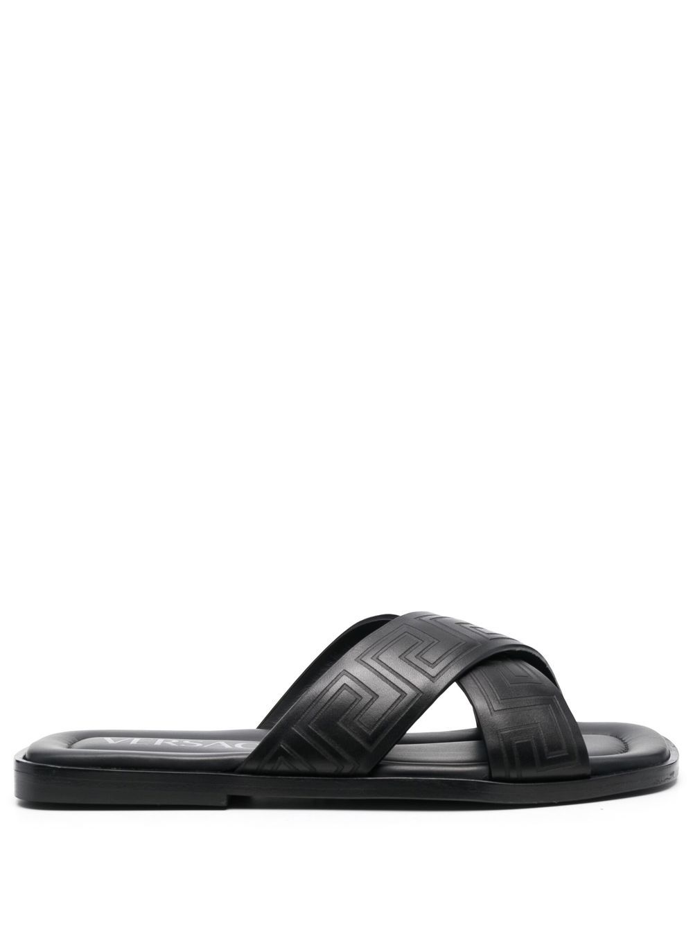 Shop Versace Greca-pattern Open-toe Slides In 黑色