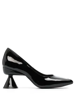 Womans Black Patent Leather Shoes On High Heels Front View Stock