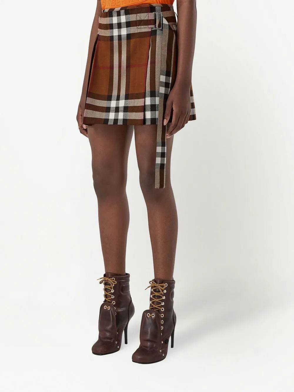 Shop Burberry Checked Pleated Wool Mini Skirt In Brown