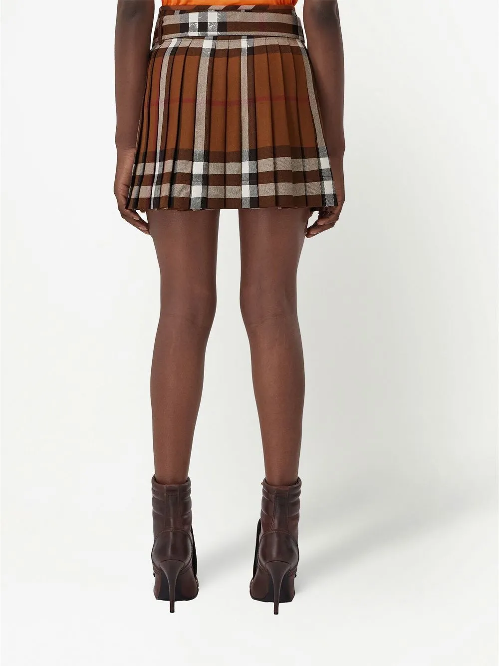 Shop Burberry Checked Pleated Wool Mini Skirt In Brown