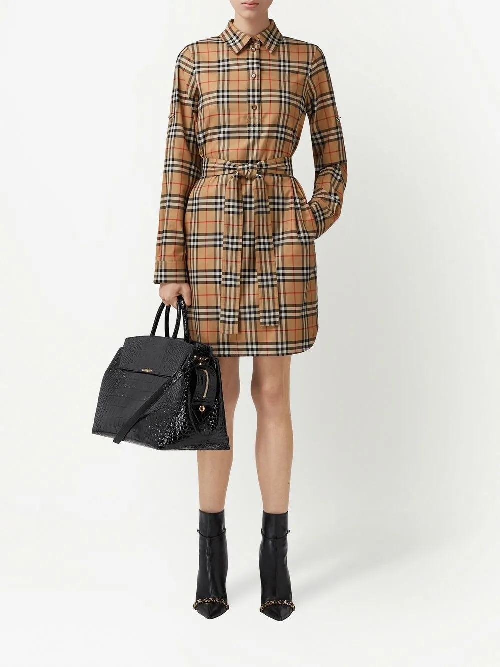 Shop Burberry Vintage Check Cotton Tie-waist Shirt Dress In Neutrals