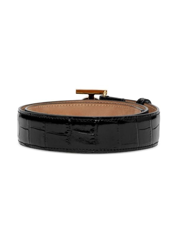 Burberry Logo Plaque Croc-Embossed Leather Belt