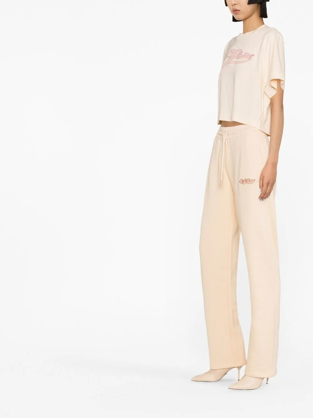 Off-white Logo-embroidered Cropped T-shirt In Neutrals