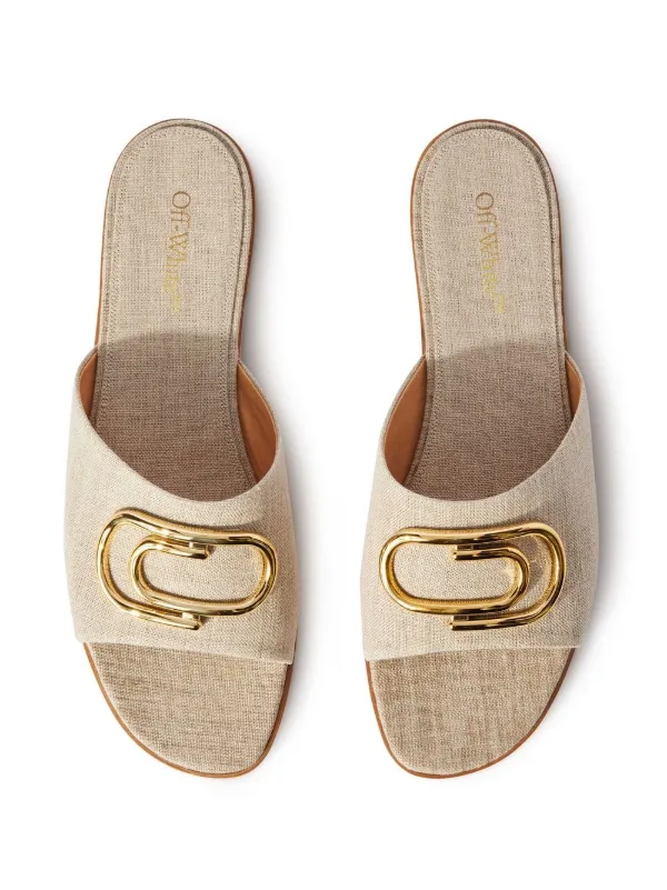 フラットシューズ Logo Plaque Slides Off-White logo-plaque Linen Slides | Neutrals | FARFETCH