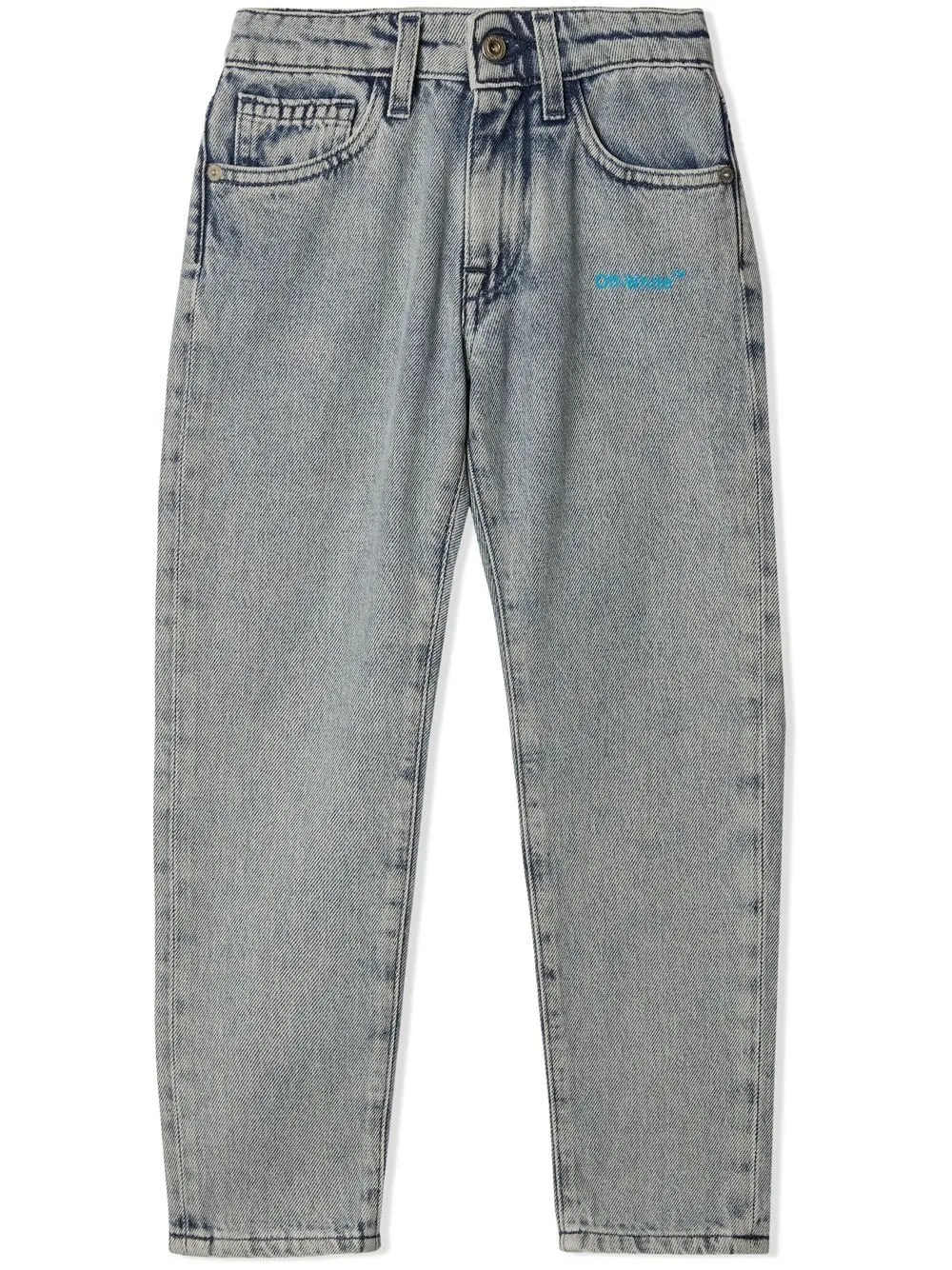 Off-white Boy's Helvetica Logo-print Straight Jeans In Blue