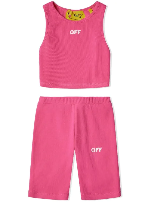 Off White Kids logo stamp Cotton Track Shorts Farfetch