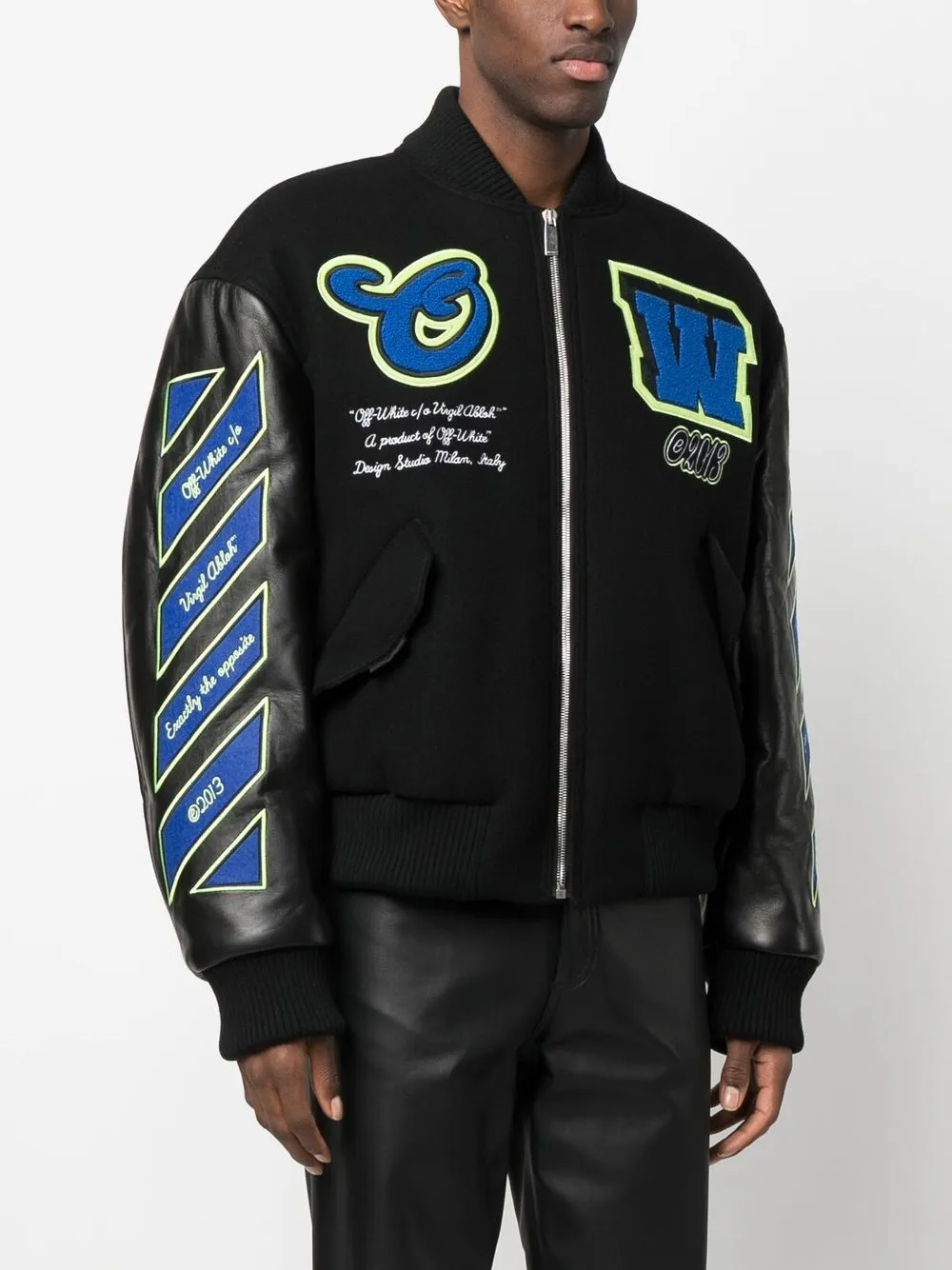 Off-White Leather Logo Patch Varsity Jacket for Sale in The Bronx, NY -  OfferUp