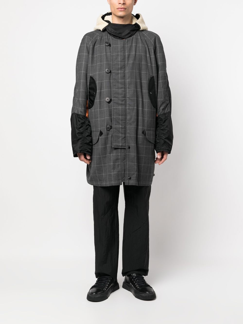 Shop Junya Watanabe Checked Patchwork Coat In Grey