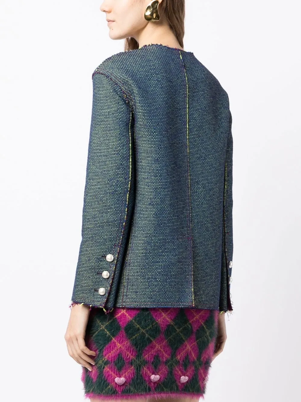Pre-owned Chanel Frayed Collarless Jacquard Jacket In Blue