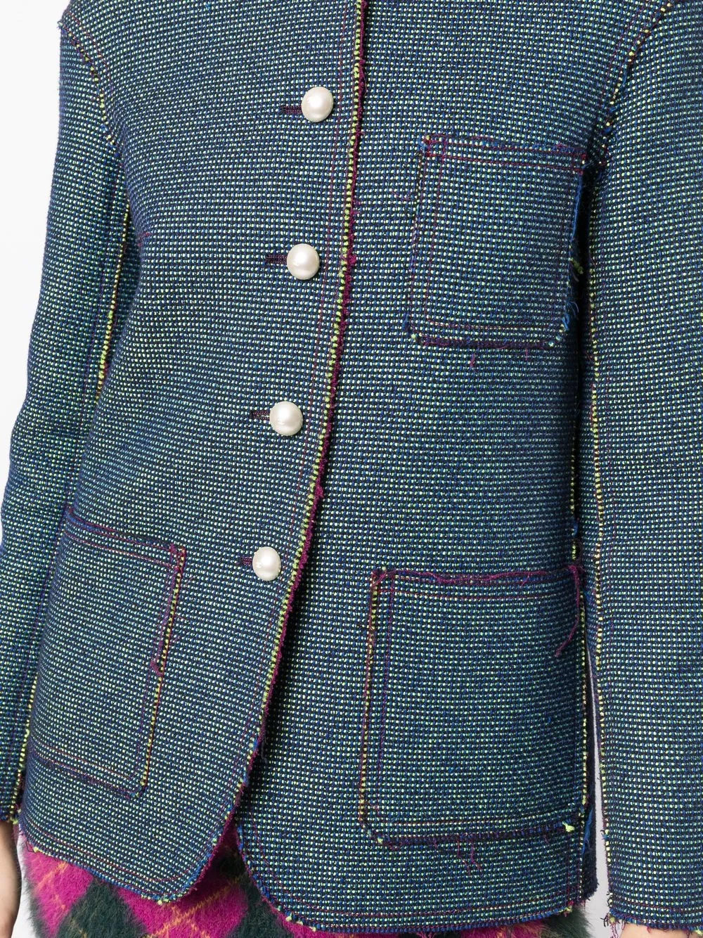 Pre-owned Chanel Frayed Collarless Jacquard Jacket In Blue