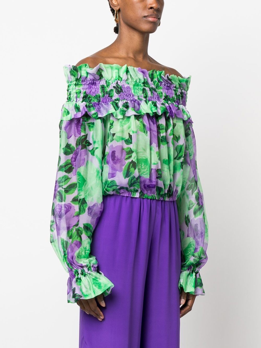 Shop P.a.r.o.s.h Floral-print Off-shoulder Blouse In Green