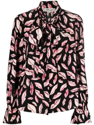 【爆買い！】 DVF Diane Von Furstenberg lips-print pussy-bow Blouse シャツ+ブラウス(半袖+袖なし)