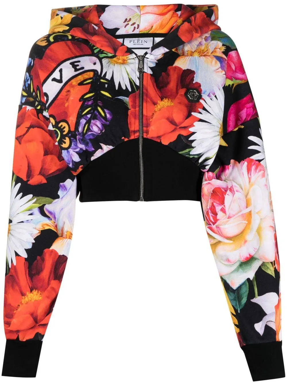 Philipp Plein Love-print Cropped Hoodie In Black