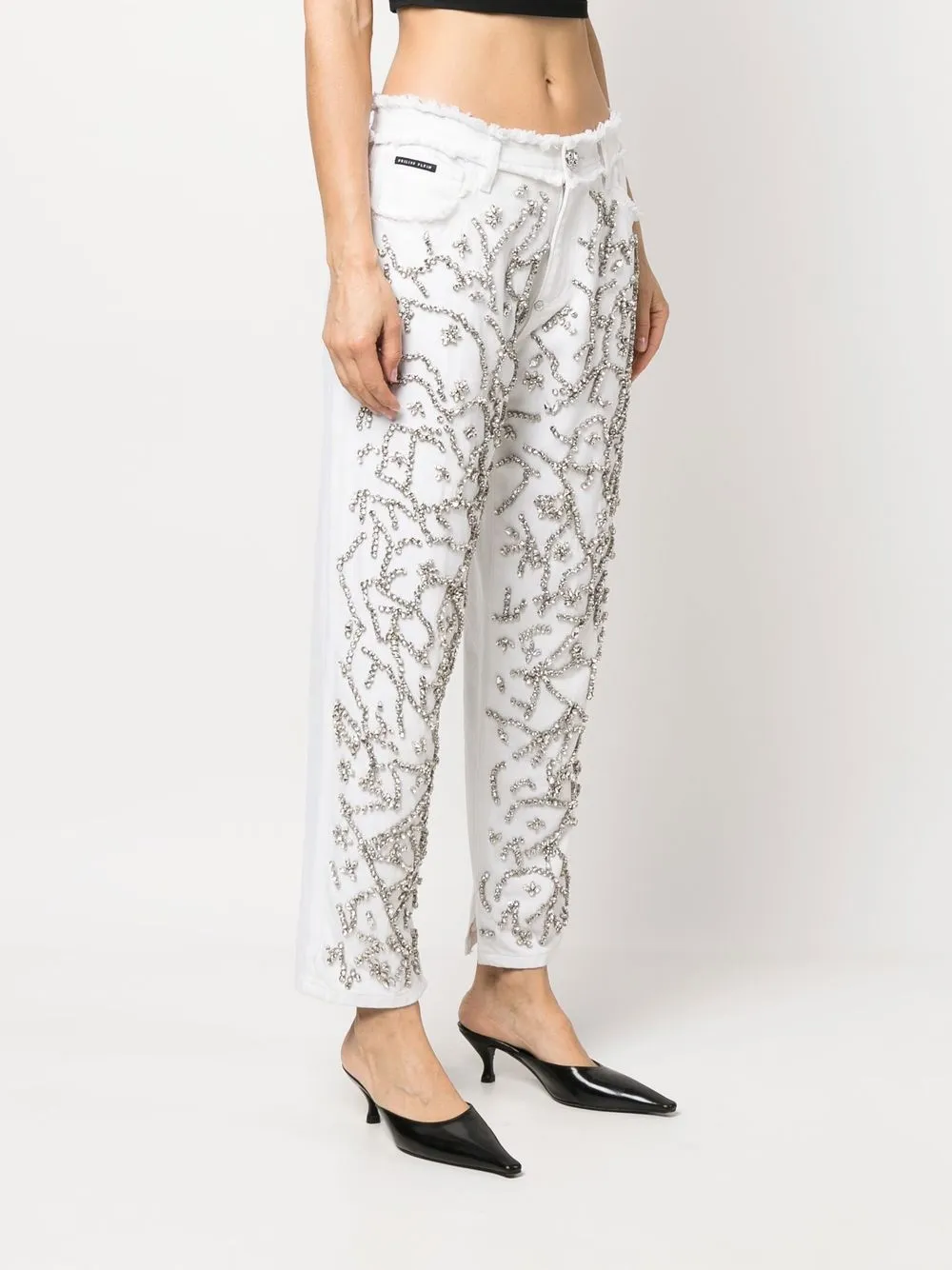 Shop Philipp Plein Crystal-embellished Mom-cut Leg Jeans In White