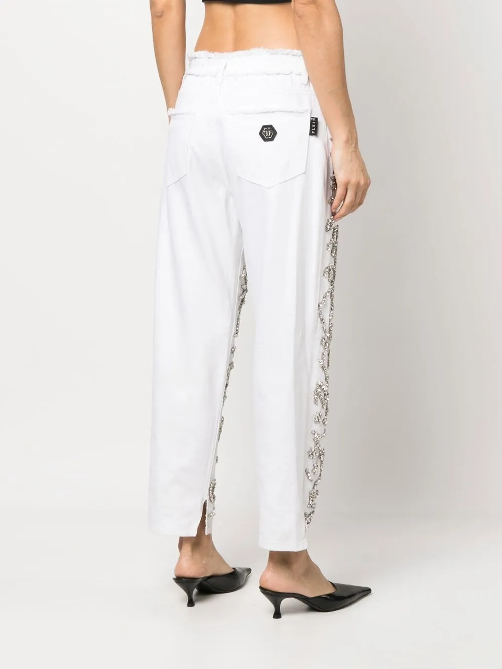 Shop Philipp Plein Crystal-embellished Mom-cut Leg Jeans In White