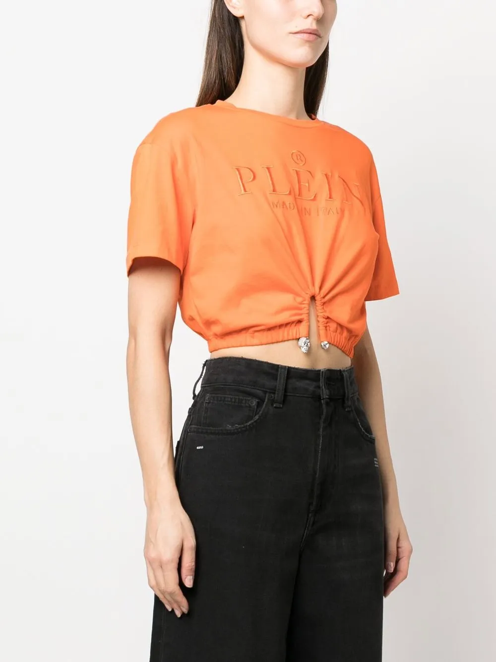 Shop Philipp Plein Embroidered-logo Cropped T-shirt In Orange