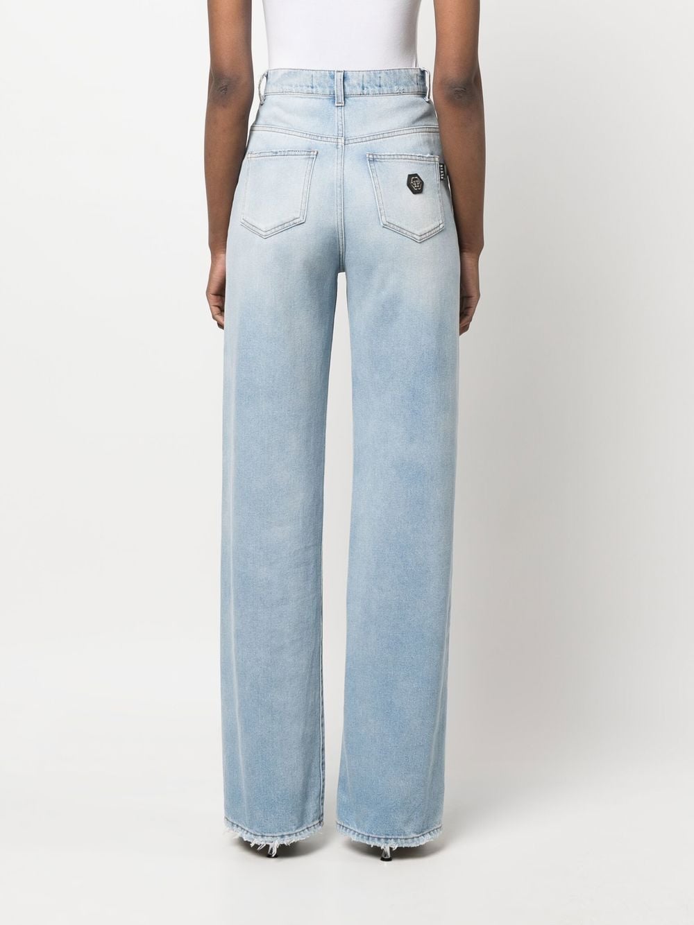 Shop Philipp Plein Logo-patch Ripped Wide-leg Jeans In Blue