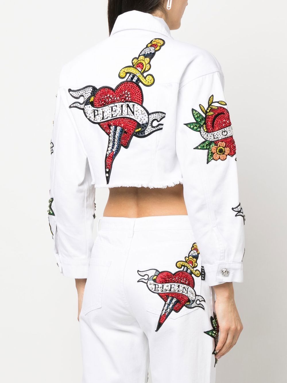 Shop Philipp Plein Cropped Love Denim Jacket In White