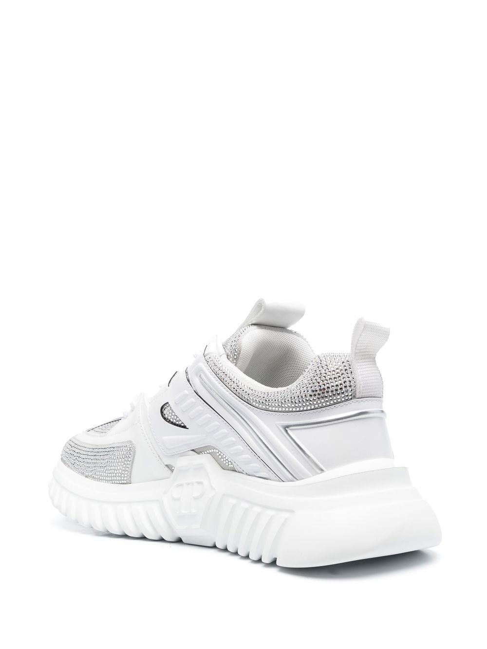 Shop Philipp Plein Leather Rhinestone-embellished Runner Sneakers In White