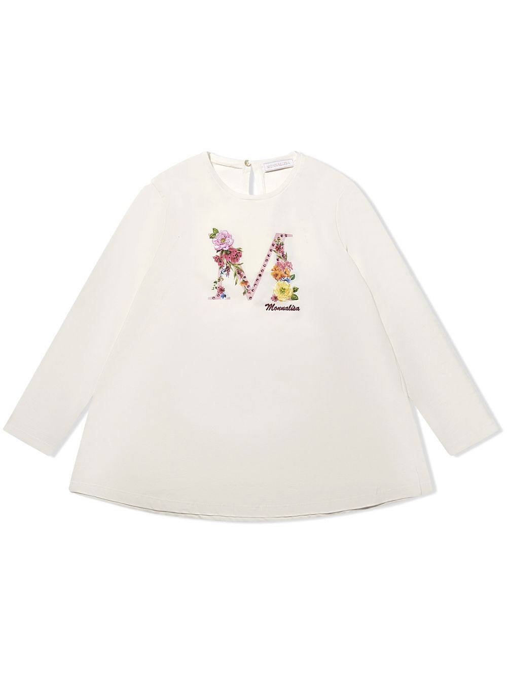 Monnalisa Kids' Floral-embroidered Long-sleeved T-shirt In Ivory
