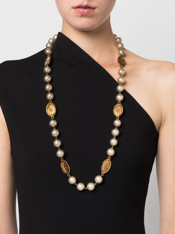 CHANEL Vintage Long Necklace Pearl Chain Coco Mark Ladies' Accessories