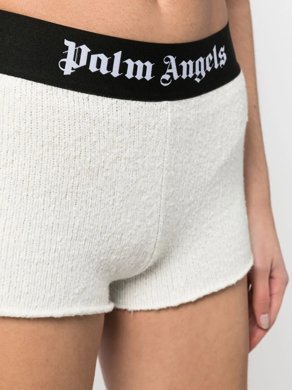 Palm Angels Logo-waistband Bouclé Knitted Shorts In Weiss