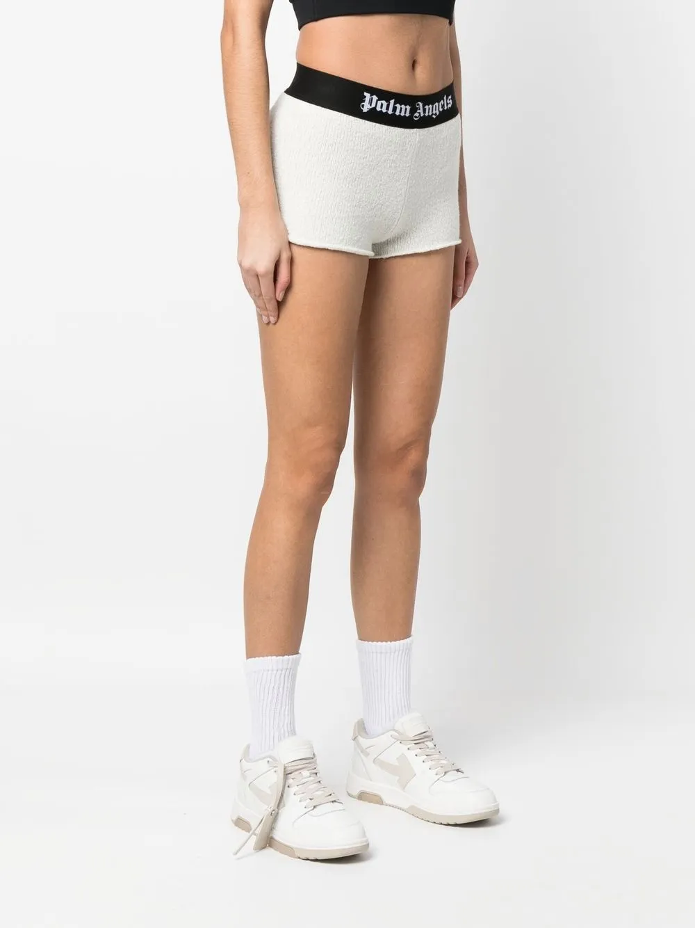 Palm Angels Logo-waistband Bouclé Knitted Shorts In Weiss