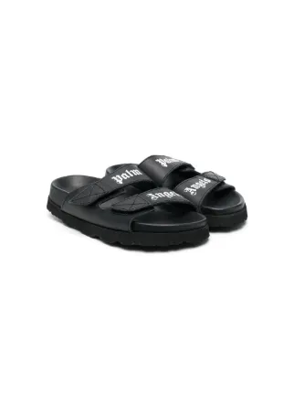 Palm Angels Kids logo-print Leather Sandals | Black | FARFETCH
