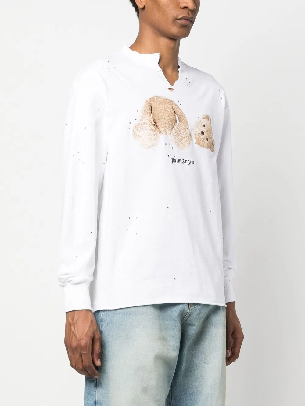 Palm Angels Bear-print Distressed-effect T-shirt In Weiss