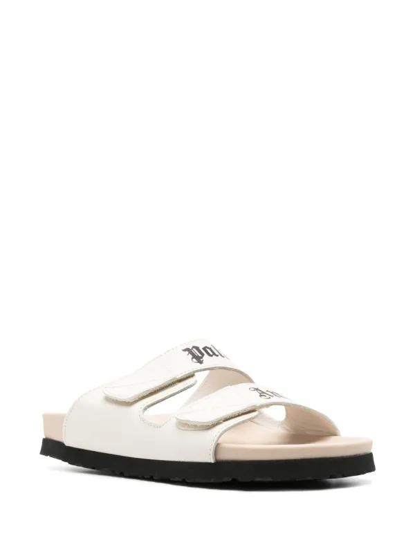 Palm Angels logo-print Leather Flat Sandals | White | FARFETCH