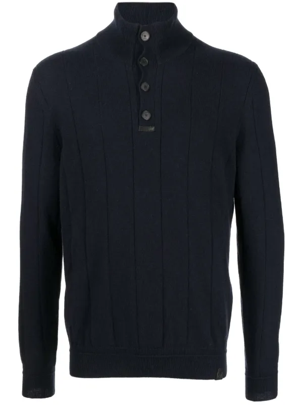 Brioni Roll Neck Button-front Cashmere Jumper in Blue