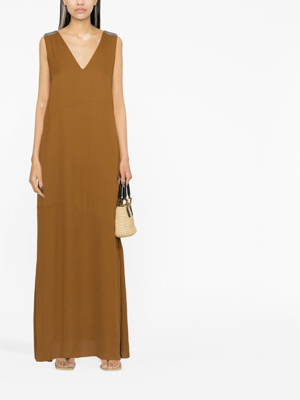 Shop Fabiana Filippi Rhinestone-embellished Sleeveless Maxi Dress In 褐色