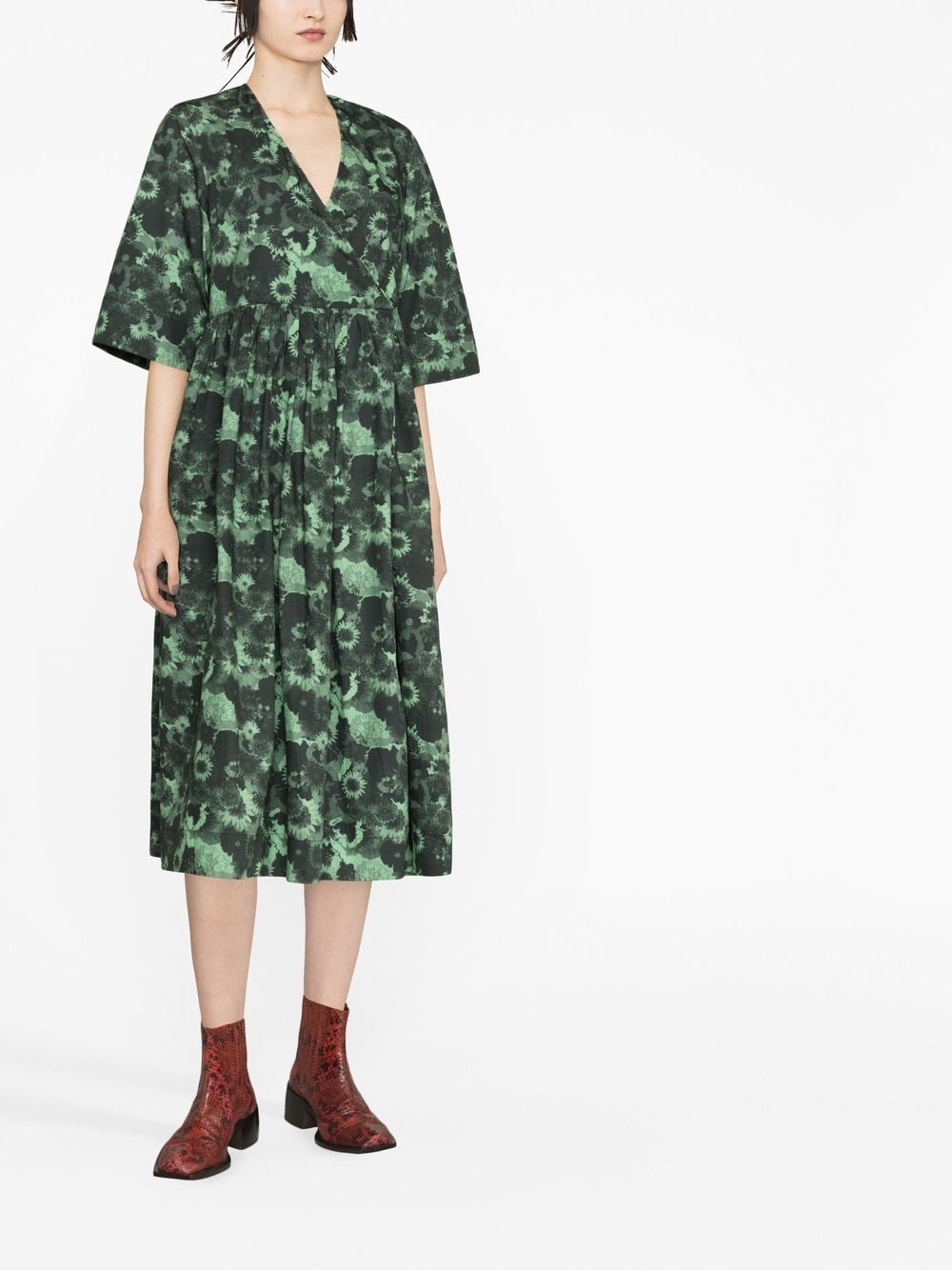 Shop Ganni Organic Cotton V-neck Midi Dress In Green
