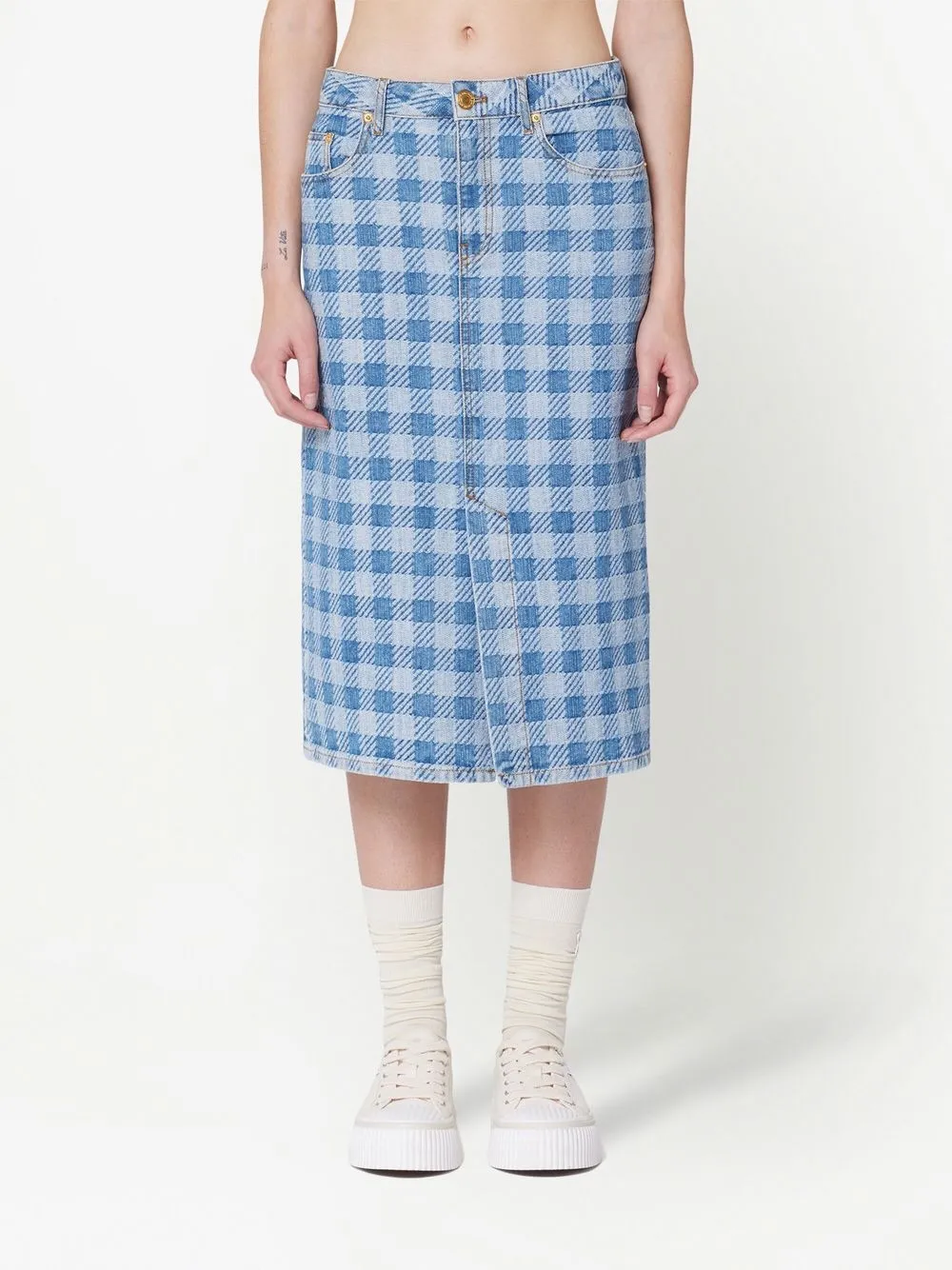 Ami Alexandre Mattiussi Gingham Pattern Jacquard Denim Pencil Skirt In Blue