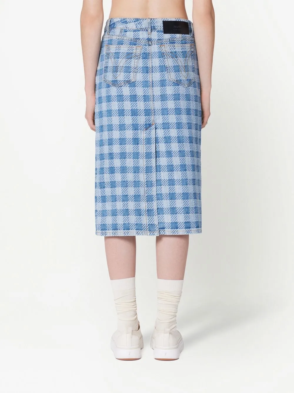 Ami Alexandre Mattiussi Gingham Pattern Jacquard Denim Pencil Skirt In Blue