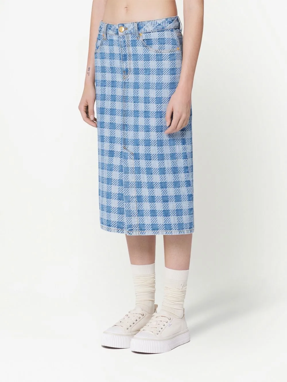 Ami Alexandre Mattiussi Gingham Pattern Jacquard Denim Pencil Skirt In Blue