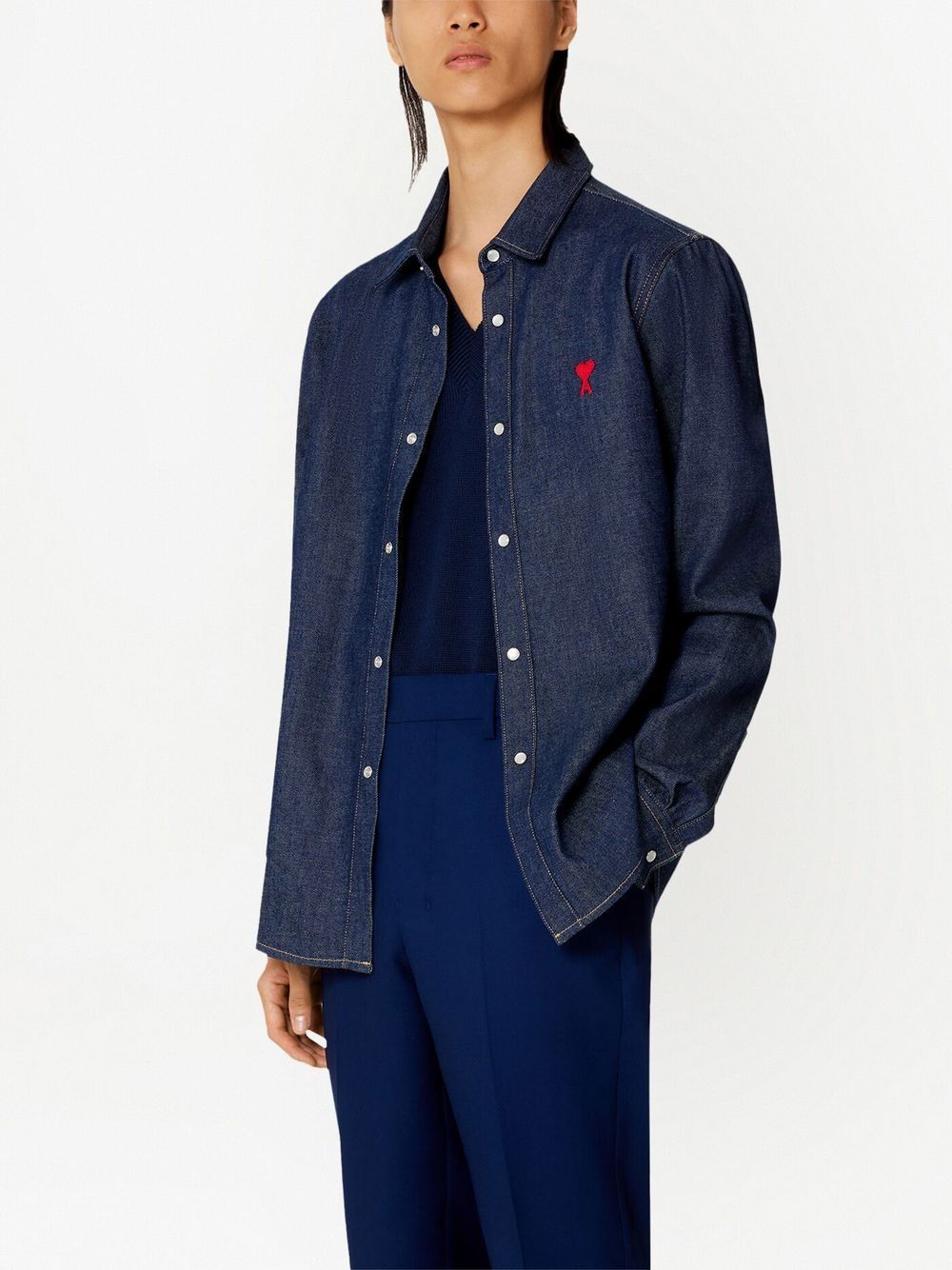 Shop Ami Alexandre Mattiussi Embroidered-logo Denim Shirt In Blue