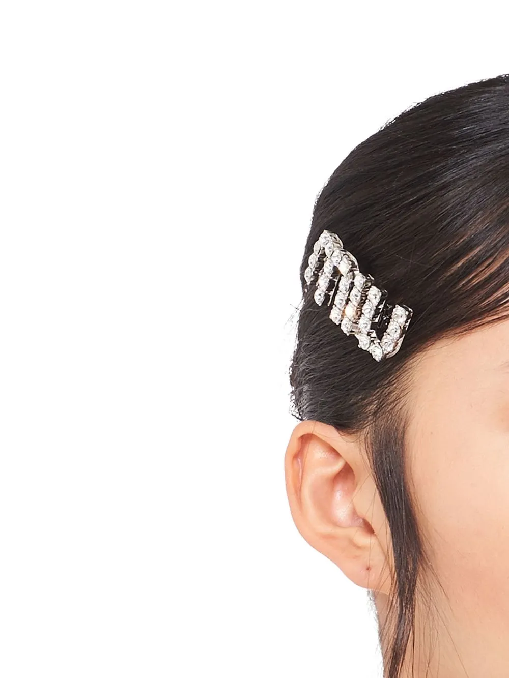 Shop Miu Miu Crystal-embellished Logo Hair Clip In Silver