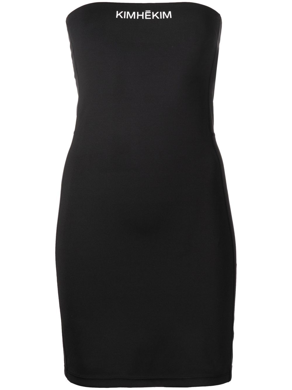 Shop Kimhēkim Logo-print Off-shoulder Mini Dress In Black