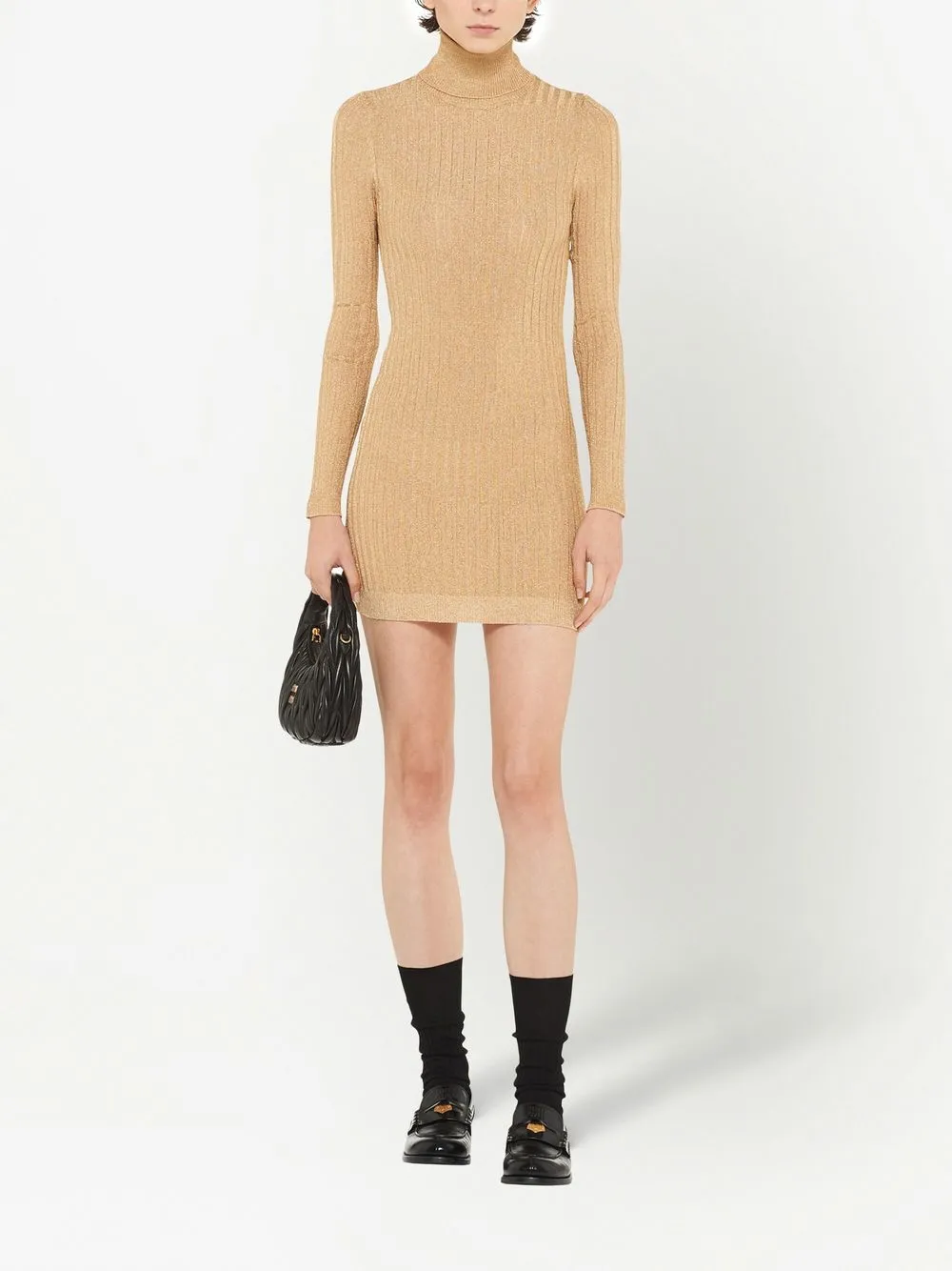 Shop Miu Miu Roll-neck Lamé Dress In Gold