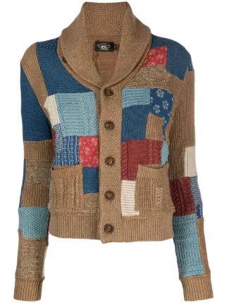 Ralph Lauren RRL Patchwork shaw lapels Cardigan Brown FARFETCH AM