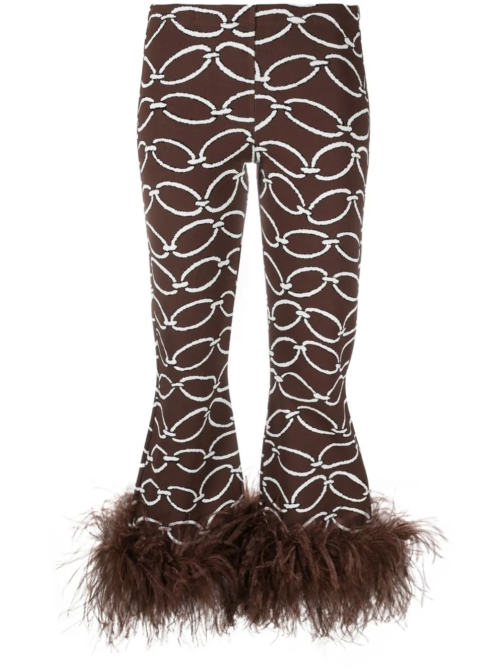 Valentino Feather-trim Chain-print Trousers In Brown
