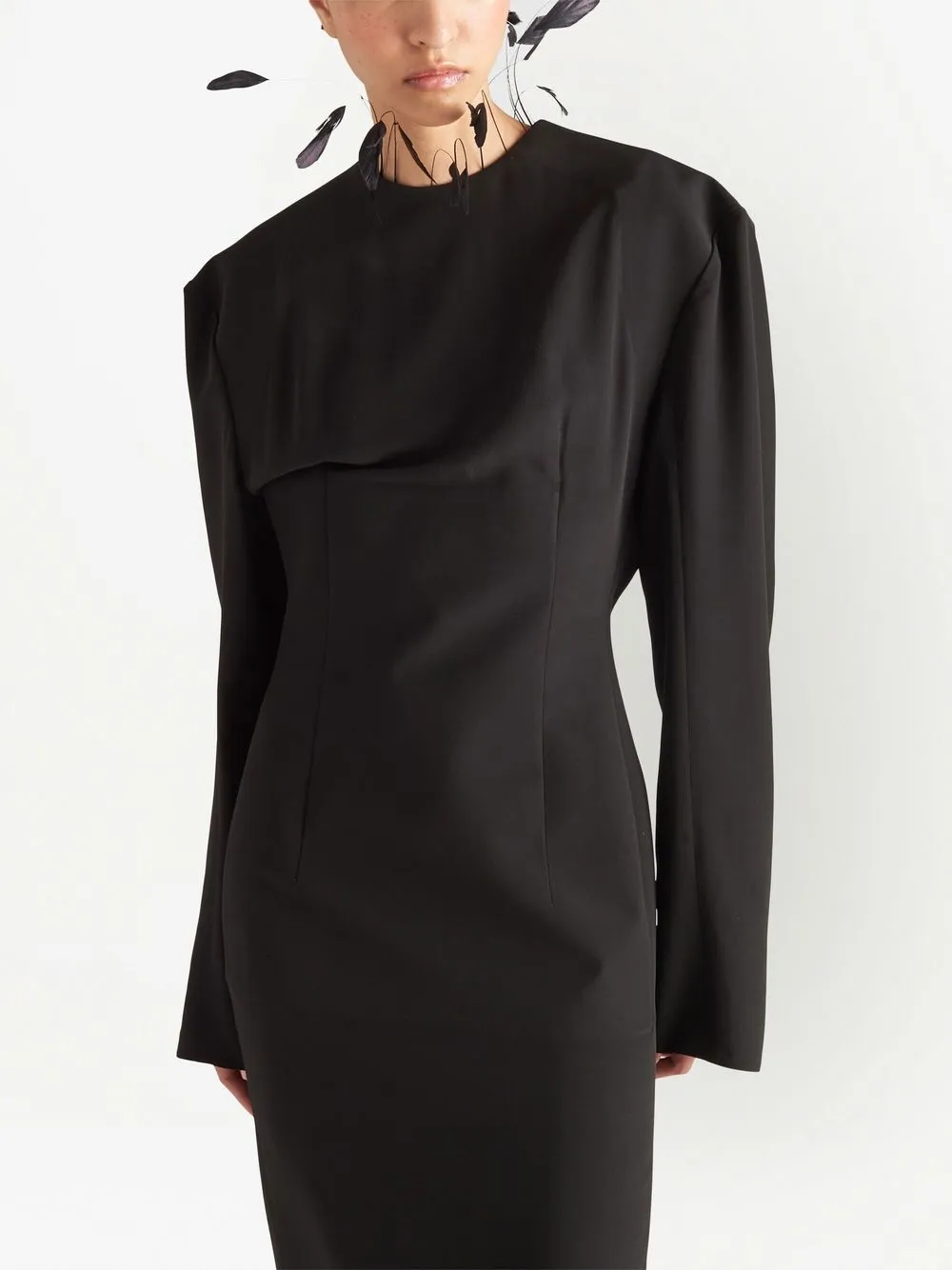 Prada Cady Feather-embellished Midi Dress In Black